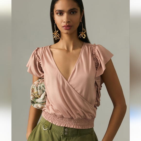 Anthropologie Tops - Anthropologie Blush Pink Ruffle-Sleeve Wrap Top
